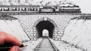 How to Draw using 1Point Perspective Train Track and Tunnel [upl. by Humfrey]