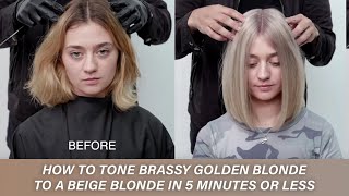 How to tone brassy golden blonde to a beige blonde in 5 minutes or less  Kenra Color [upl. by Cairistiona]