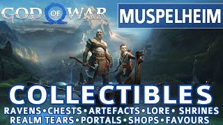 God of War  Muspelheim All Collectible Locations Ravens Chests Artefacts Shrines  100 [upl. by Ahcila638]