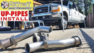 2001 F350 73  RiffRaff UpPipes Install  Stock up pipes leaking and falling apart JUNK SP [upl. by Gar212]